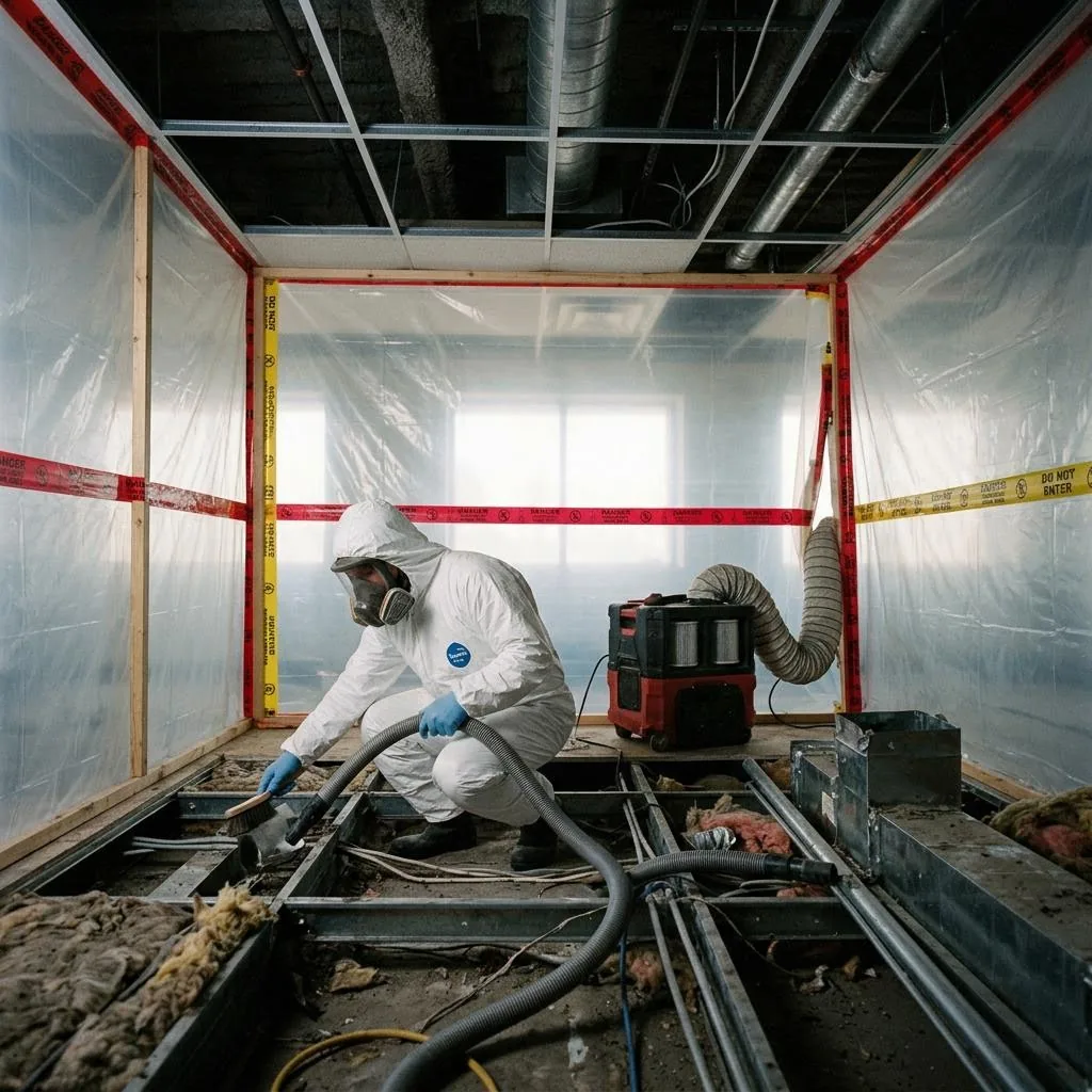 Protective containment around ceiling work inside a building