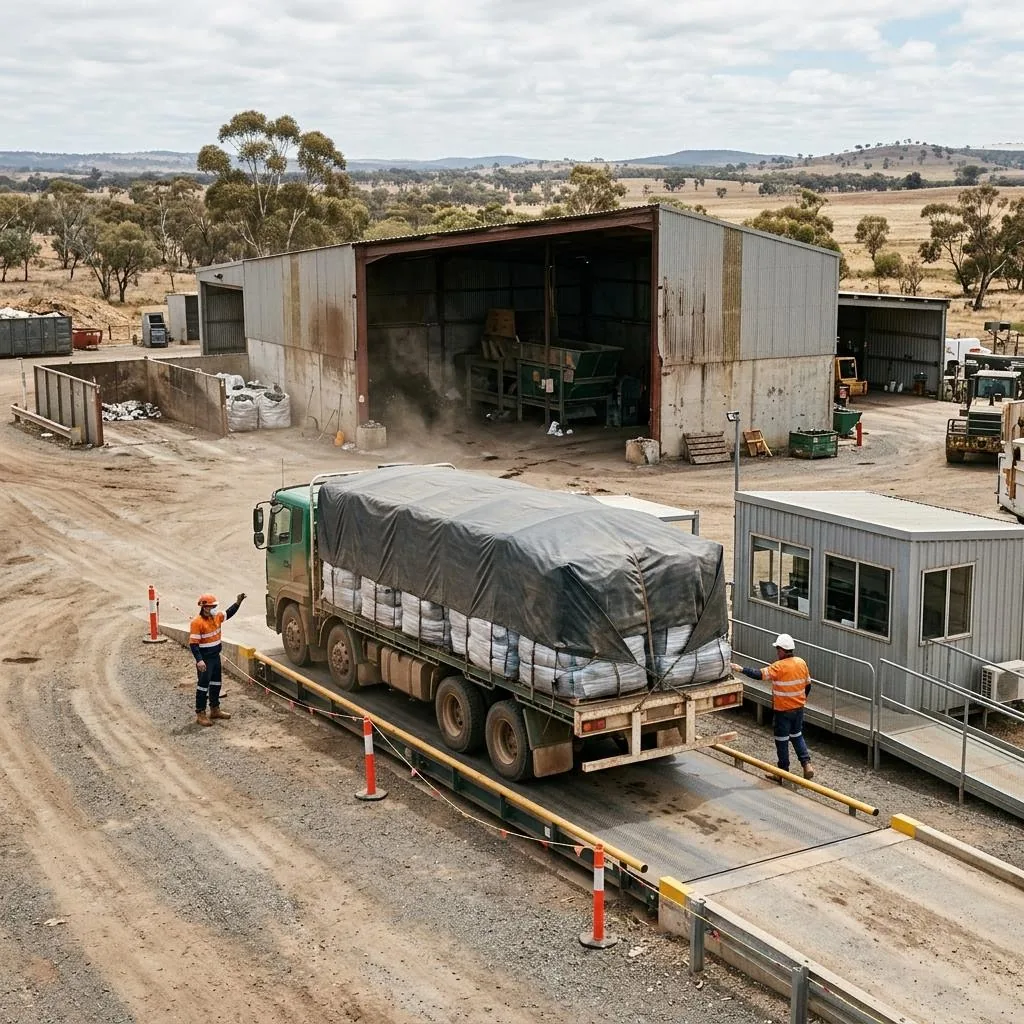 Wrapped construction sheeting being transported at a waste facility
