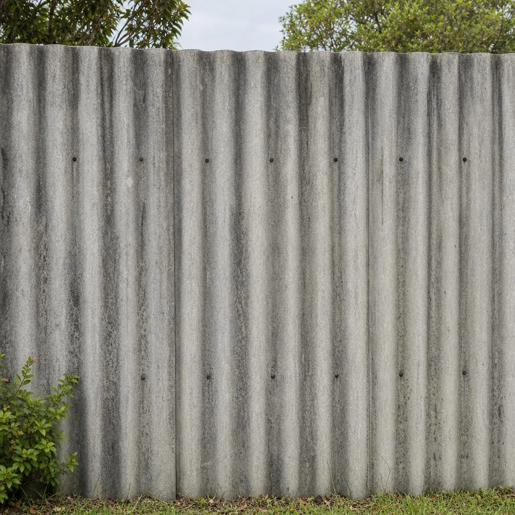 Weathered corrugated fibro fencing beside a residential property