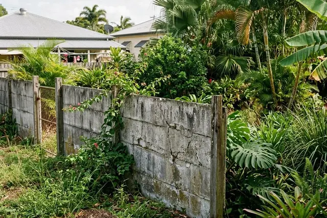 Weathered corrugated asbestos cement boundary fence