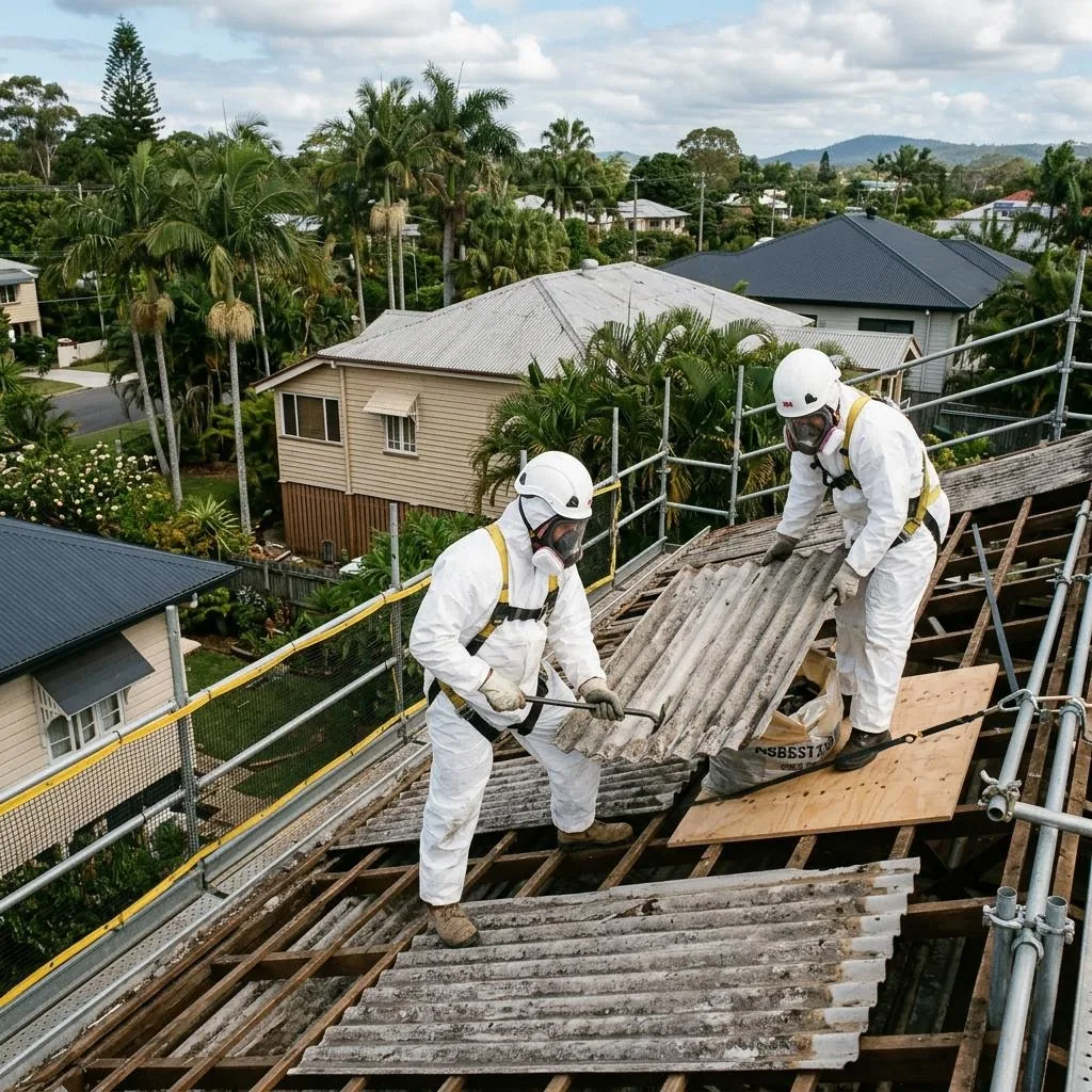 Workers handling corrugated roof sheets on a residential roof