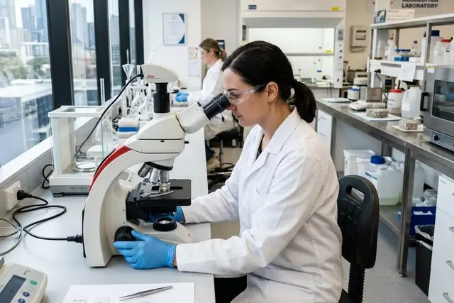 Laboratory technician examining a sample with a microscope